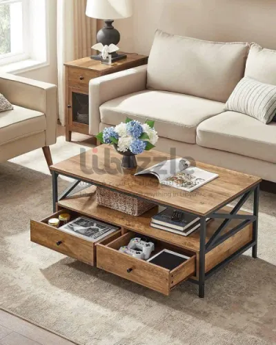 طاولة ضيافة مصنوعة من الحديد والخشب مع ادرج تخزين